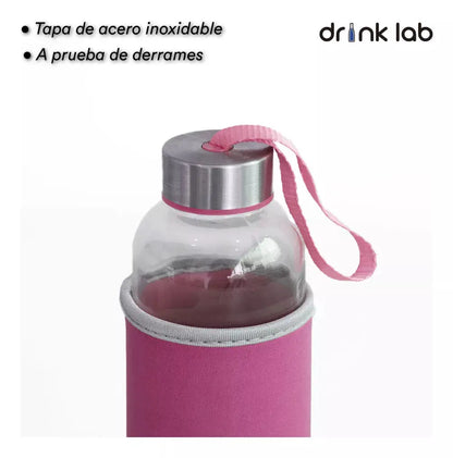 Botella Vidrio Funda Neopreno Agua Sport 600 Ml Resistente Rosa Chicle - Drink Lab - uso