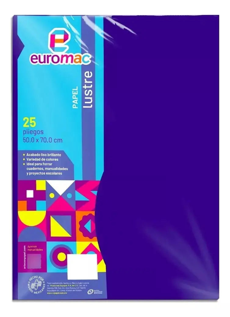 25 Hojas Papel Lustre Lustrina Euromac 50cm X 70cm Colores Azul Rey - Euromac - vista lateral