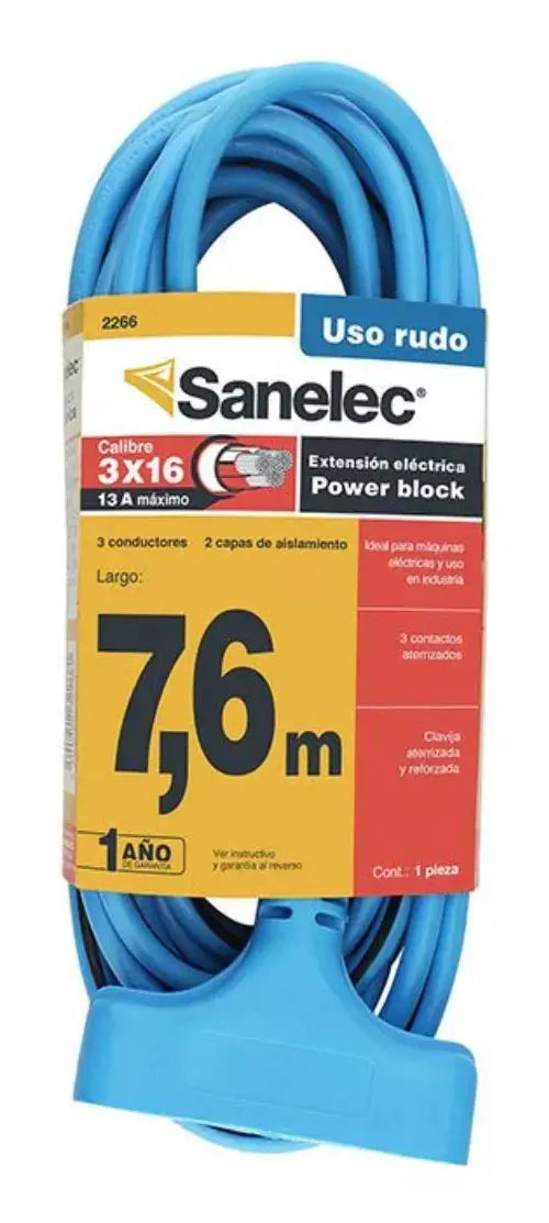 7m Extensión Eléctrica Azul Power Block Sanelec 3 Conductores - Sanelec