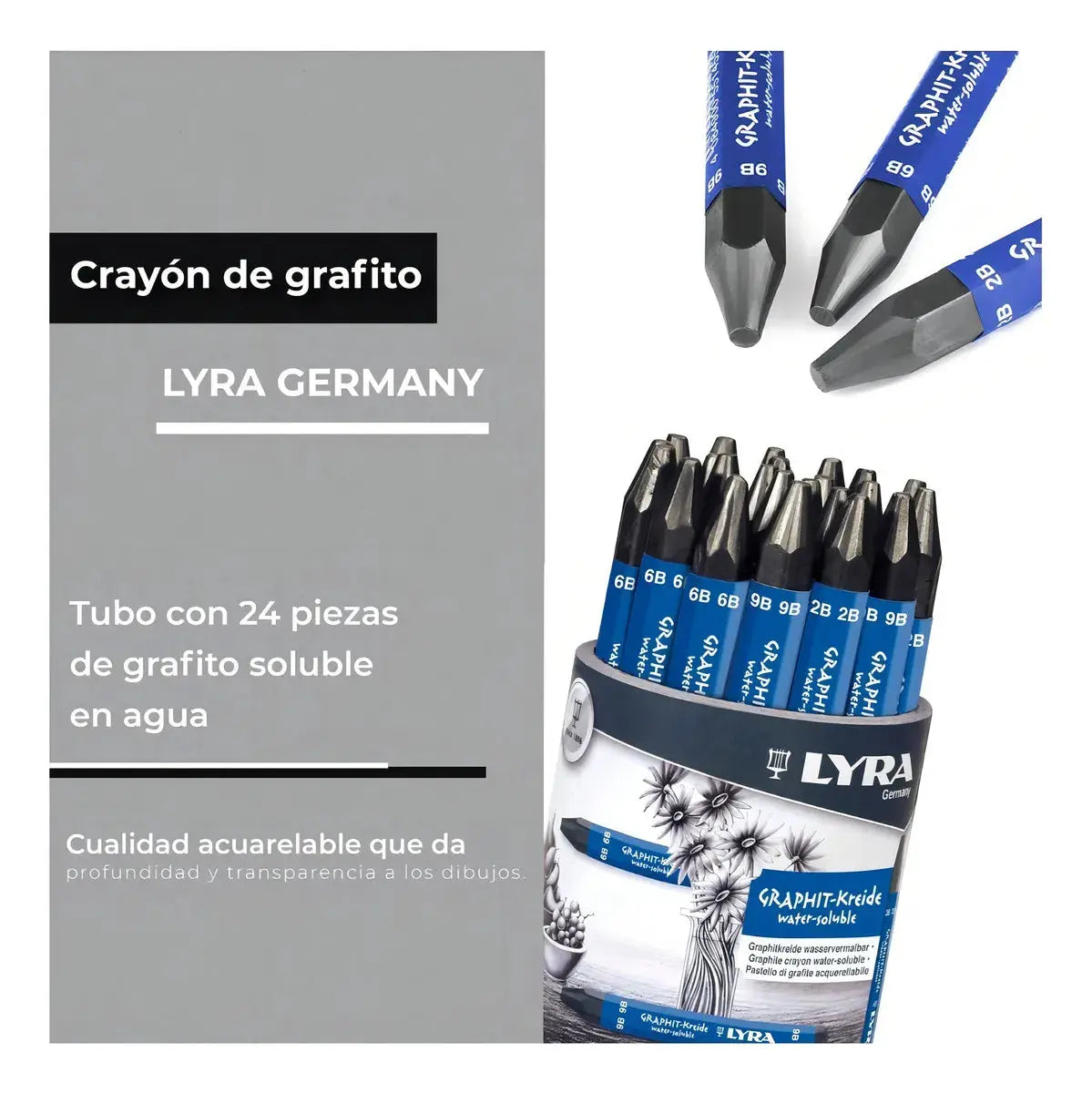 Set 24 Crayónes Lyra Grafito Soluble Agua Dibujo 2b 6b Y 9b - lyra - vista lateral