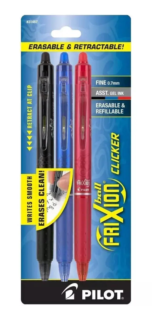 3 Plumas Pilot Frixion Clicker Retractil Tinta Borrable Gel - Pilot - empaque
