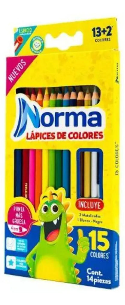Caja 15 Lapices Colores Norma 12+3 Punta Gruesa Escolares - Norma - vista lateral