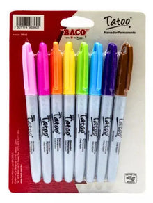 8 Marcadores Permanente Tatoo Baco Punta Fina Color Surtidos - BACO - empaque