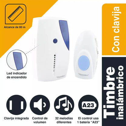 Timbre Inalámbrico C/clavija Sanelec Led Azul Alcance 80m - Sanelec - empaque
