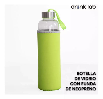 Botella Vidrio Funda Neopreno Agua Sport 600 Ml Resistente Verde - Drink Lab