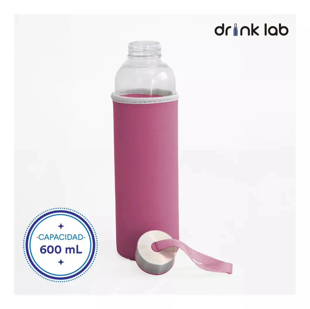 Botella Vidrio Funda Neopreno Agua Sport 600 Ml Resistente Rosa Chicle - Drink Lab - accesorios