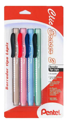 4 Borrador Goma Tipo Lapiz Pentel Clic Eraser 2 Dif Colores - Pentel - empaque