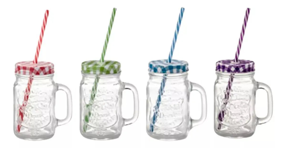 12pz Frasco Mason Jar Grabado 480ml Tapa Popote Vidrio Color - URREA - empaque