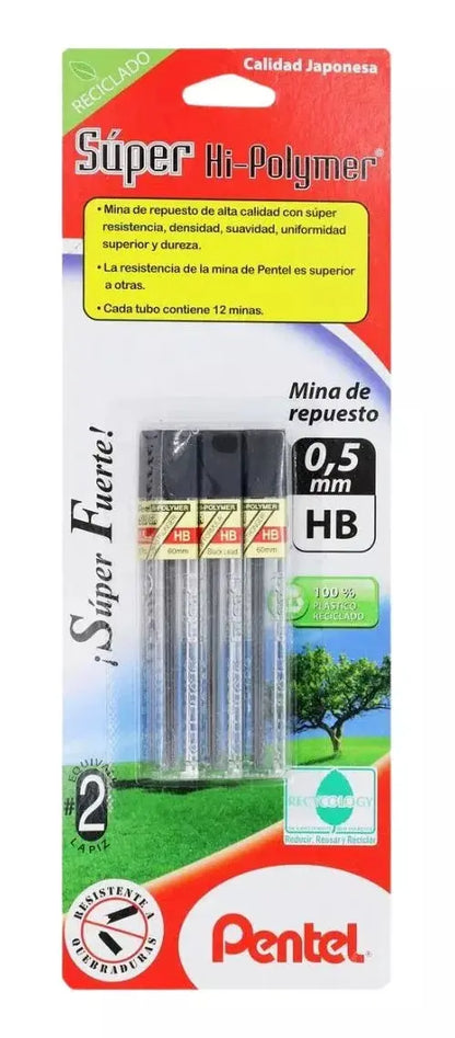 3 Minas Puntillas Lapicero Pentel Super Hi-polymer 0.5mm - Pentel - accesorios