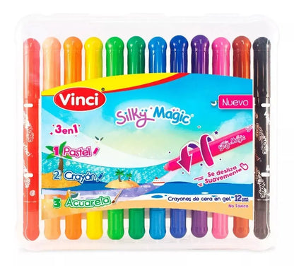 Set 12 Crayón De Cera En Gel Vinci Silky Magic 3 En 1 - vinci