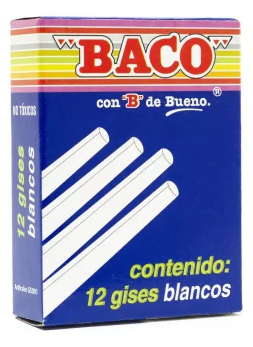 Caja 12 Gises Moldeados Color Blanco Baco Tizas Pizarron - BACO - vista lateral