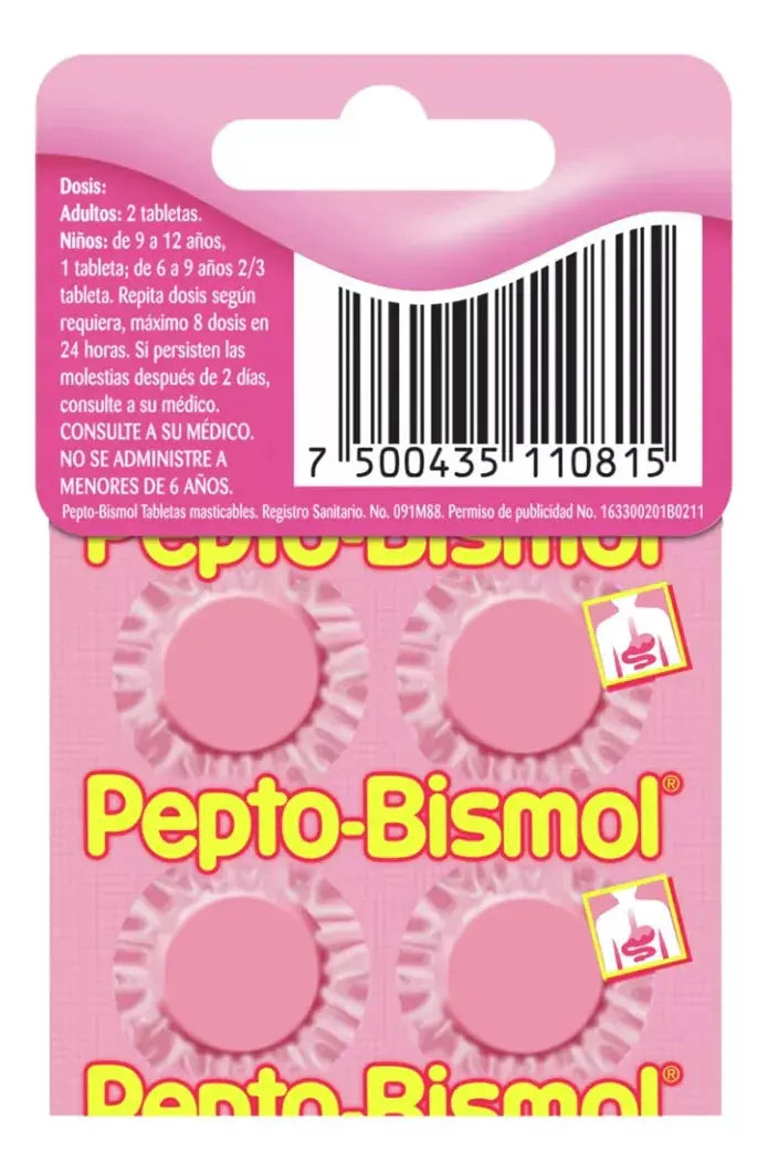 Pepto Bismol 4 Tabletas Masticables Cubre Protege Alivia - KCTS - empaque