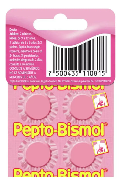Pepto Bismol 4 Tabletas Masticables Cubre Protege Alivia - KCTS - empaque