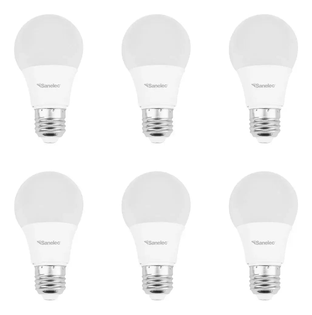 6 Pzs Foco Led Tipo A19 12w Sanelec Luz Blanca Fria 6500k - Sanelec - vista lateral