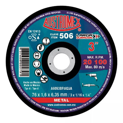 10pz Disco Abrasivo Corte 506 Austromex 3'' Grano 60 Metal Azul Petróleo - Austrodiam - accesorios