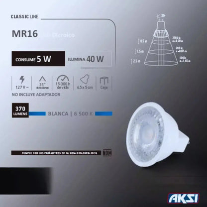 5pz Foco Led Aksi Mr16 5w Luz Blanca 127v Base Gu5.3 - Aksi