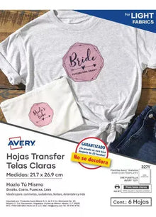 6 Hojas Transfer Tela Blanca Avery Sublimacion 21.7 X 29.1 - Avery