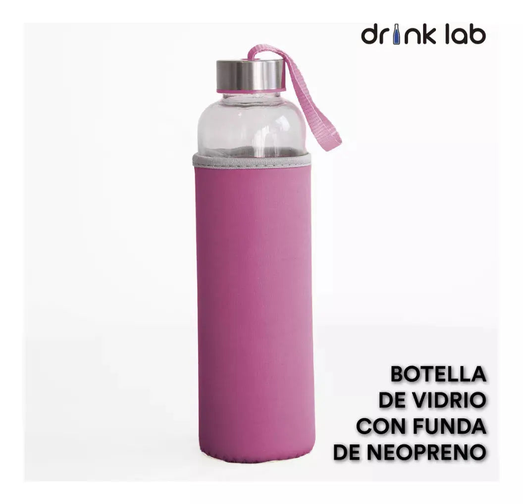 Botella Vidrio Funda Neopreno Agua Sport 600 Ml Resistente Rosa Chicle - Drink Lab - vista lateral