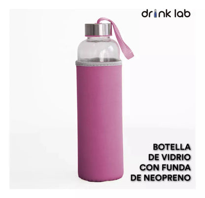 Botella Vidrio Funda Neopreno Agua Sport 600 Ml Resistente Rosa Chicle - Drink Lab - vista lateral