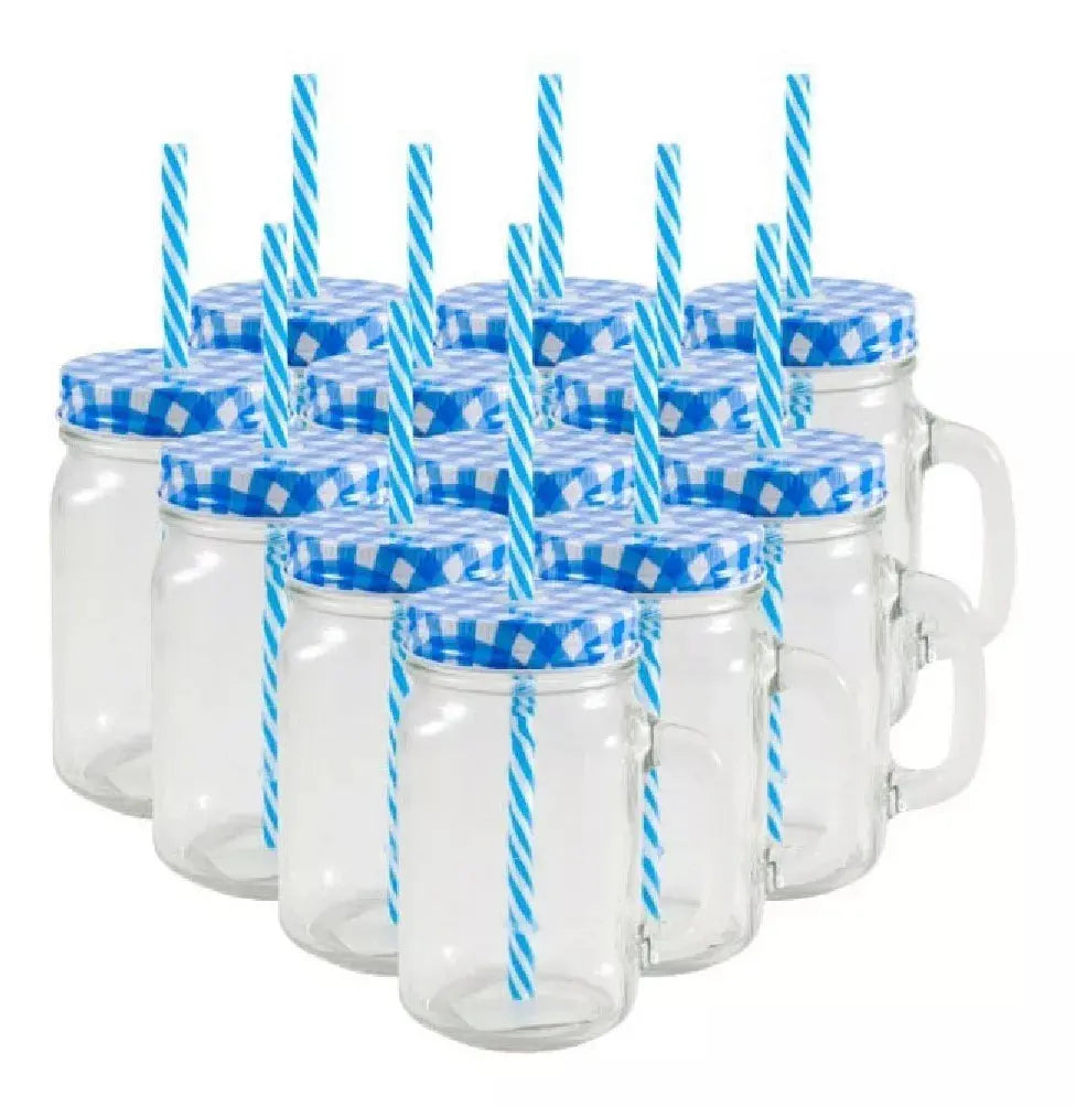 12 Tarros Mason Jars Ice Cold Drink Tapa Y Popote Asa Vaso Liso Tapa Mantel Azul - Mason Jars