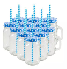 12 Tarros Mason Jars Ice Cold Drink Tapa Y Popote Asa Vaso Liso Tapa Mantel Azul - Mason Jars