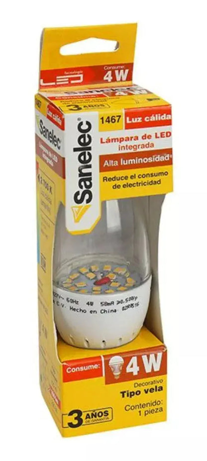 Foco Led 4w Sanelec Tipo Vela Luz Cálida Base E27 - Sanelec - detalle