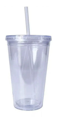 Vaso Doble Pared Transparente Tapa Popote Plastico 500ml - Promopción - vista lateral