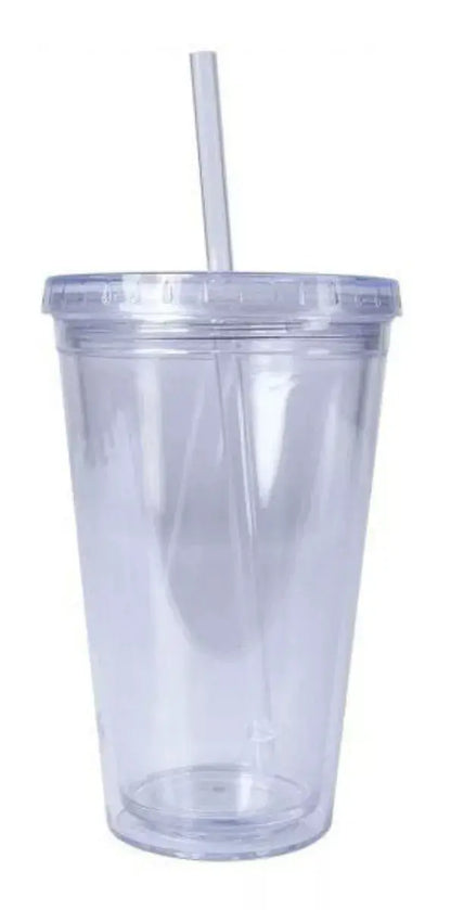 Vaso Doble Pared Transparente Tapa Popote Plastico 500ml - Promopción - vista lateral