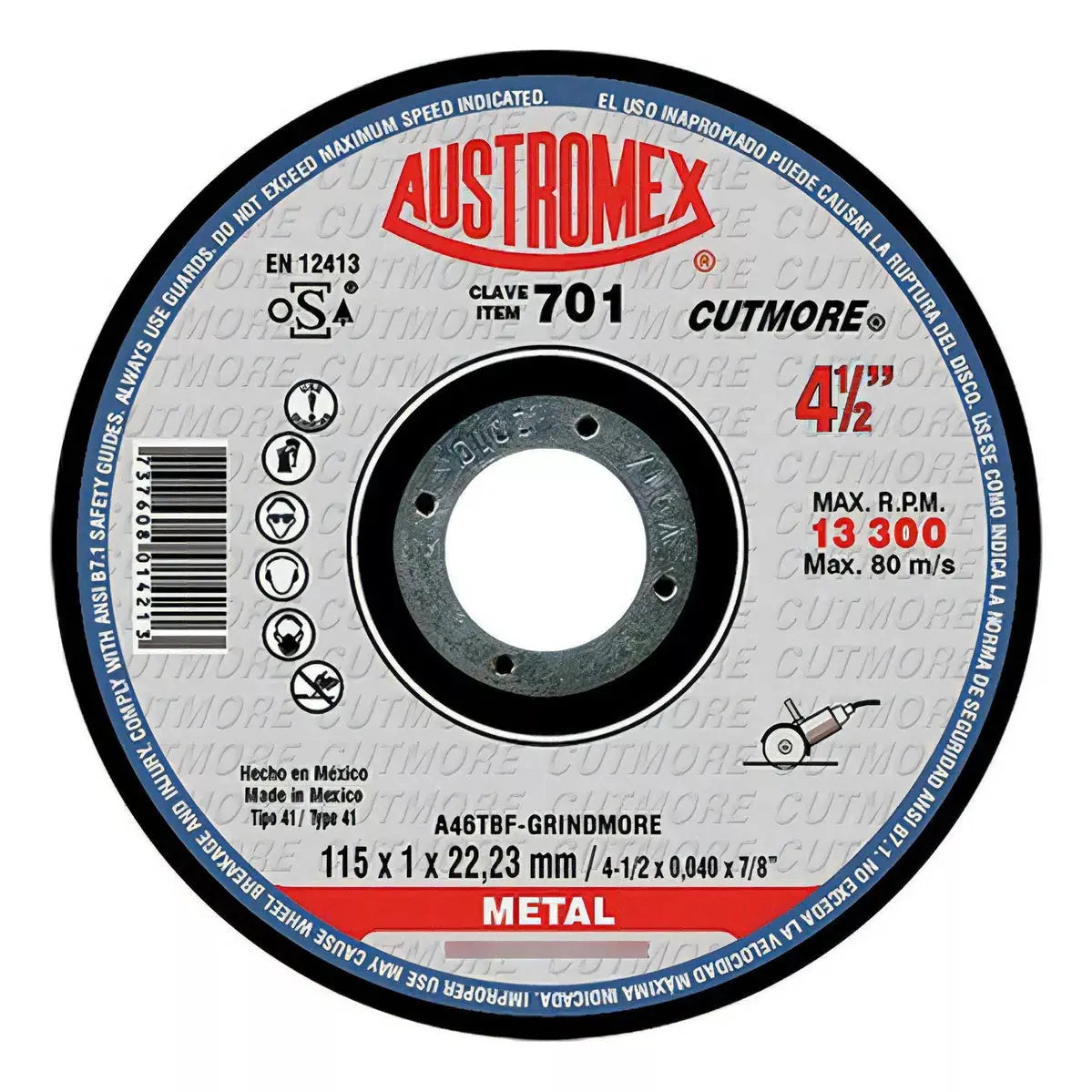 25 piezas Disco abrasivo tipo 41 grano 46 de 115 x 1 x 22.23 mm Austromex - Austrodiam - vista lateral