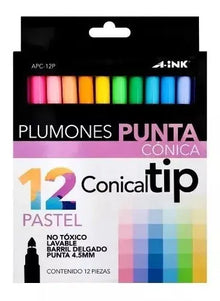 12 Plumones Colores Pastel A-ink 4.5mm Punta Conica - Mae
