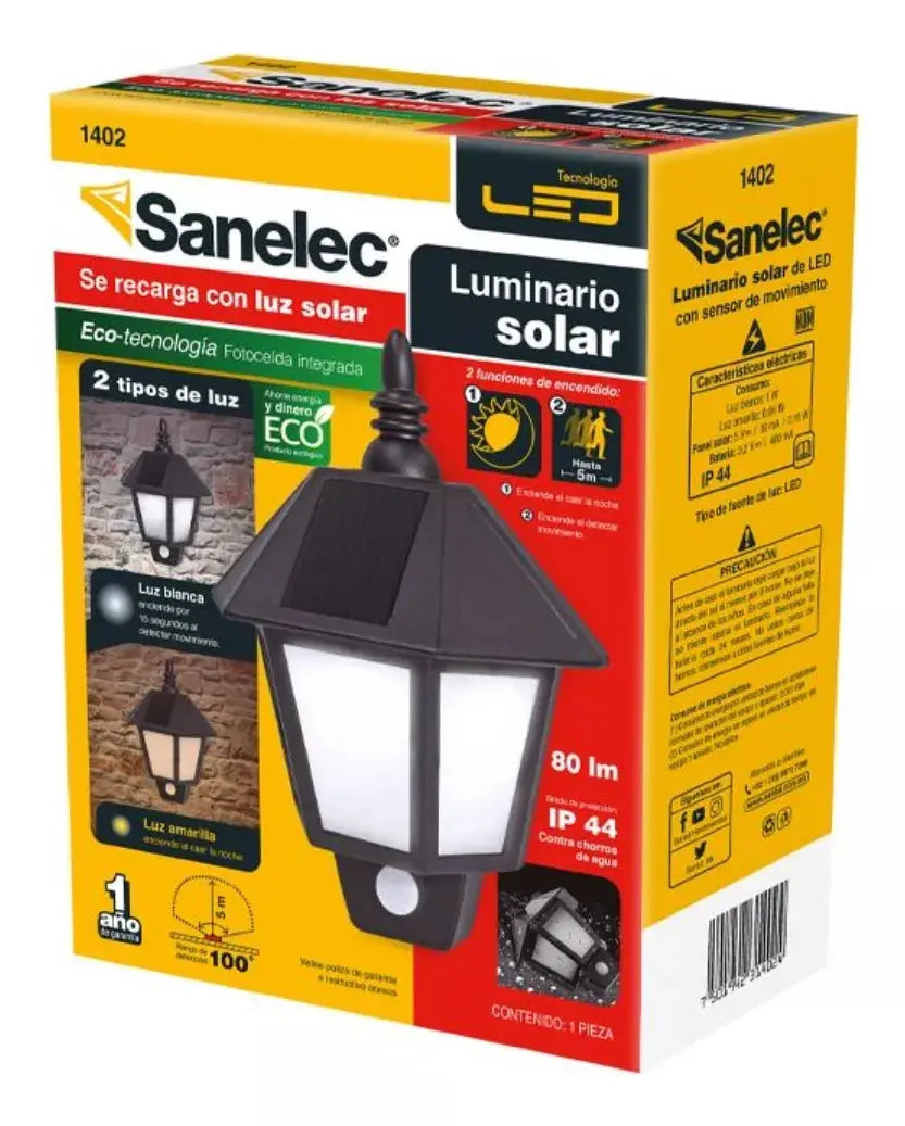 Lampara Farol Solar Pared Sanelec Luz Led Blanca/amarilla - Sanelec - empaque