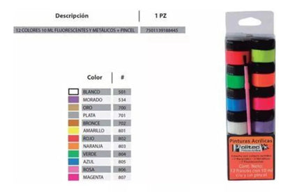Set Pintura Acrilica Politec 12 Clasicos + 12 Especiales - Politec - contenido