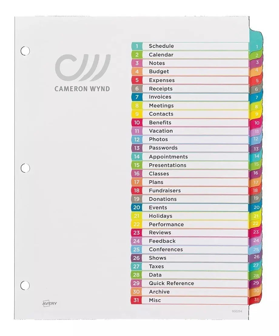 31 Separador Pestañas Numericas Avery Carpeta Multicolores - Avery