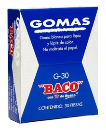 30 Gomas Blancas Plastica Baco Borrador Escolar Lápiz G30 - BACO - empaque