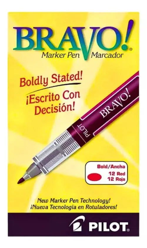 Caja 12 Marcadores Bravo Pilot Tinta Líquida Punto Fino Rojo - Pilot - vista lateral