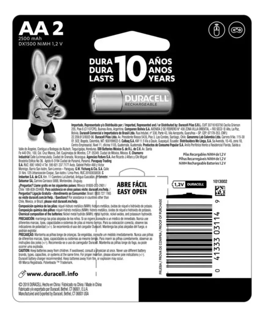 Pack 2 Pilas Recargables Duracell Nimh Modelo Aa 2500 Mah - KCTS - detalle