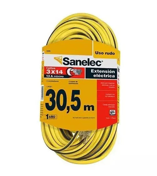 Extension Electrica 30m Sanelec Uso Rudo 13a Enchufe De Luz Color Amarillo - Sanelec - detalle