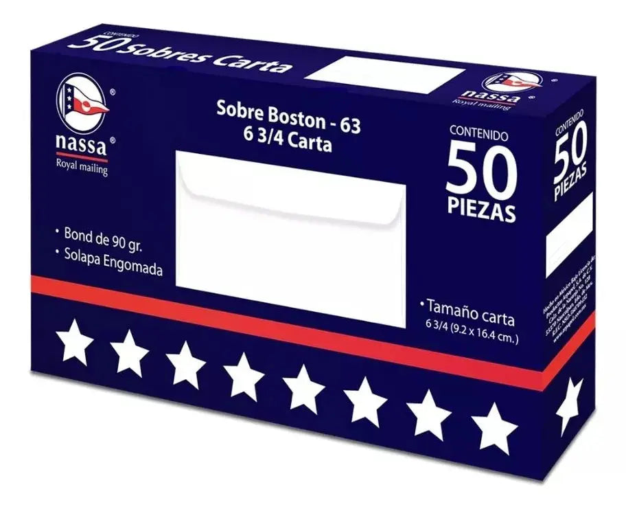50 Sobres Correspondencia Nassa Blanco Carta 9.2 X 16.4cms - Nassa