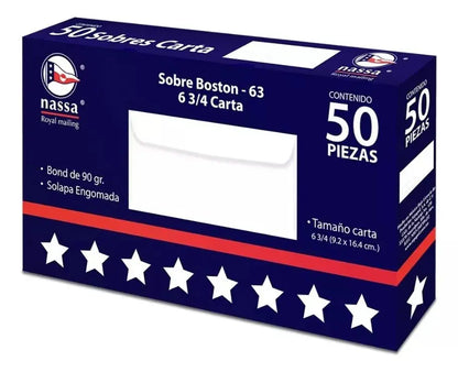 50 Sobres Correspondencia Nassa Blanco Carta 9.2 X 16.4cms - Nassa