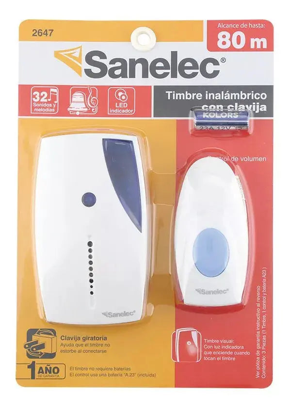 Timbre Inalámbrico C/clavija Sanelec Led Azul Alcance 80m - Sanelec - vista lateral