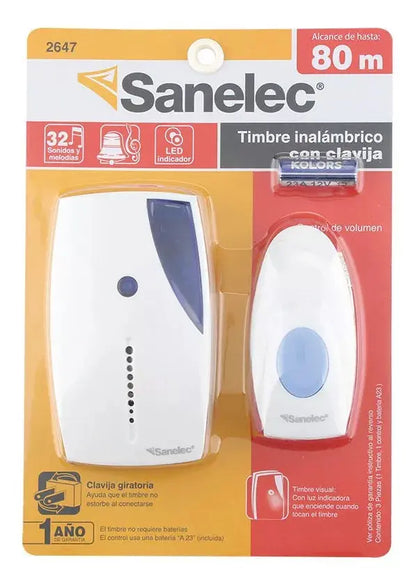 Timbre Inalámbrico C/clavija Sanelec Led Azul Alcance 80m - Sanelec - vista lateral