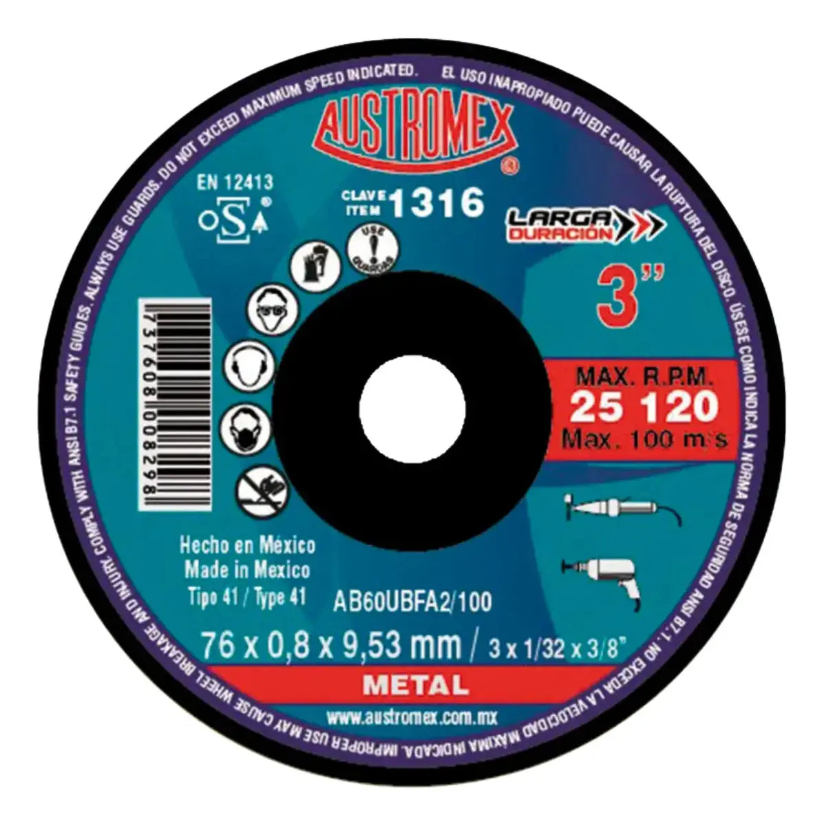 25pz Disco Abrasivo 76x0.8x9.53 mm Clave 1316 Austromex - Austrodiam - vista lateral