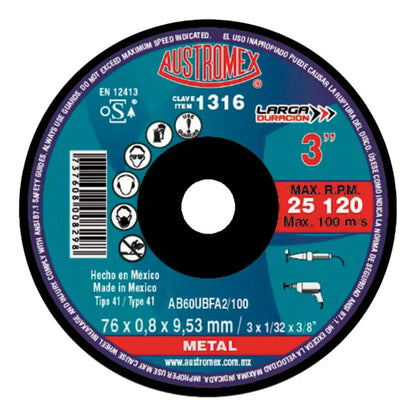 25pz Disco Abrasivo 76x0.8x9.53 mm Clave 1316 Austromex - Austrodiam - vista lateral