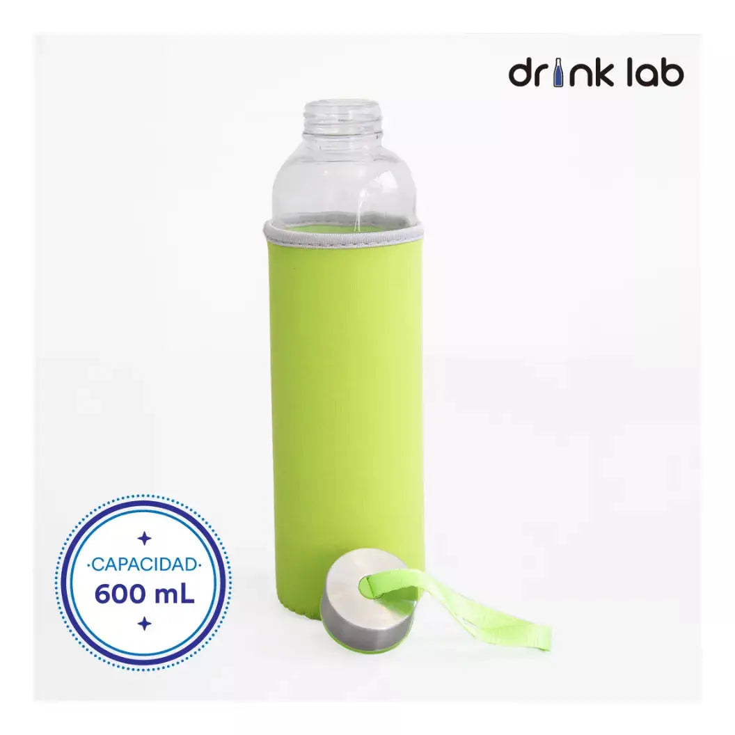 Botella Vidrio Funda Neopreno Agua Sport 600 Ml Resistente Rosa Chicle - Drink Lab - vista trasera
