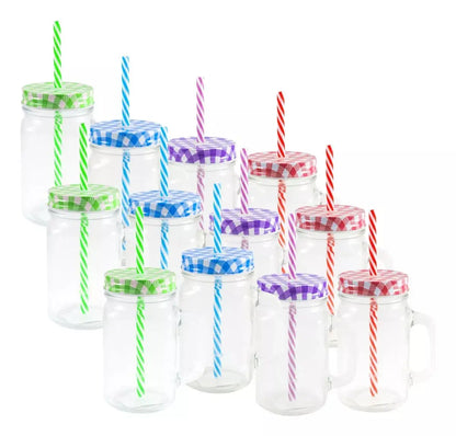 12pz Frasco Mason Jar Liso 480ml Tapa Popote Vidrio Colores - Vittori - accesorios