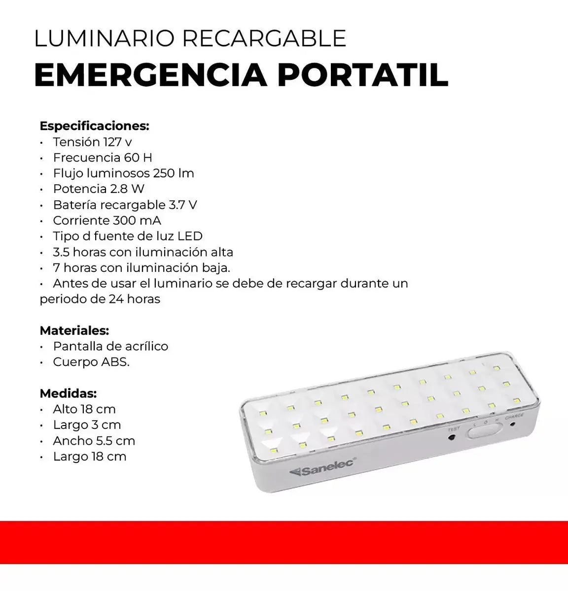 Lámpara Recargable De Emergencia Sanelec 30 Leds 2163 - Sanelec - vista lateral