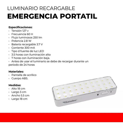 Lámpara Recargable De Emergencia Sanelec 30 Leds 2163 - Sanelec - vista lateral