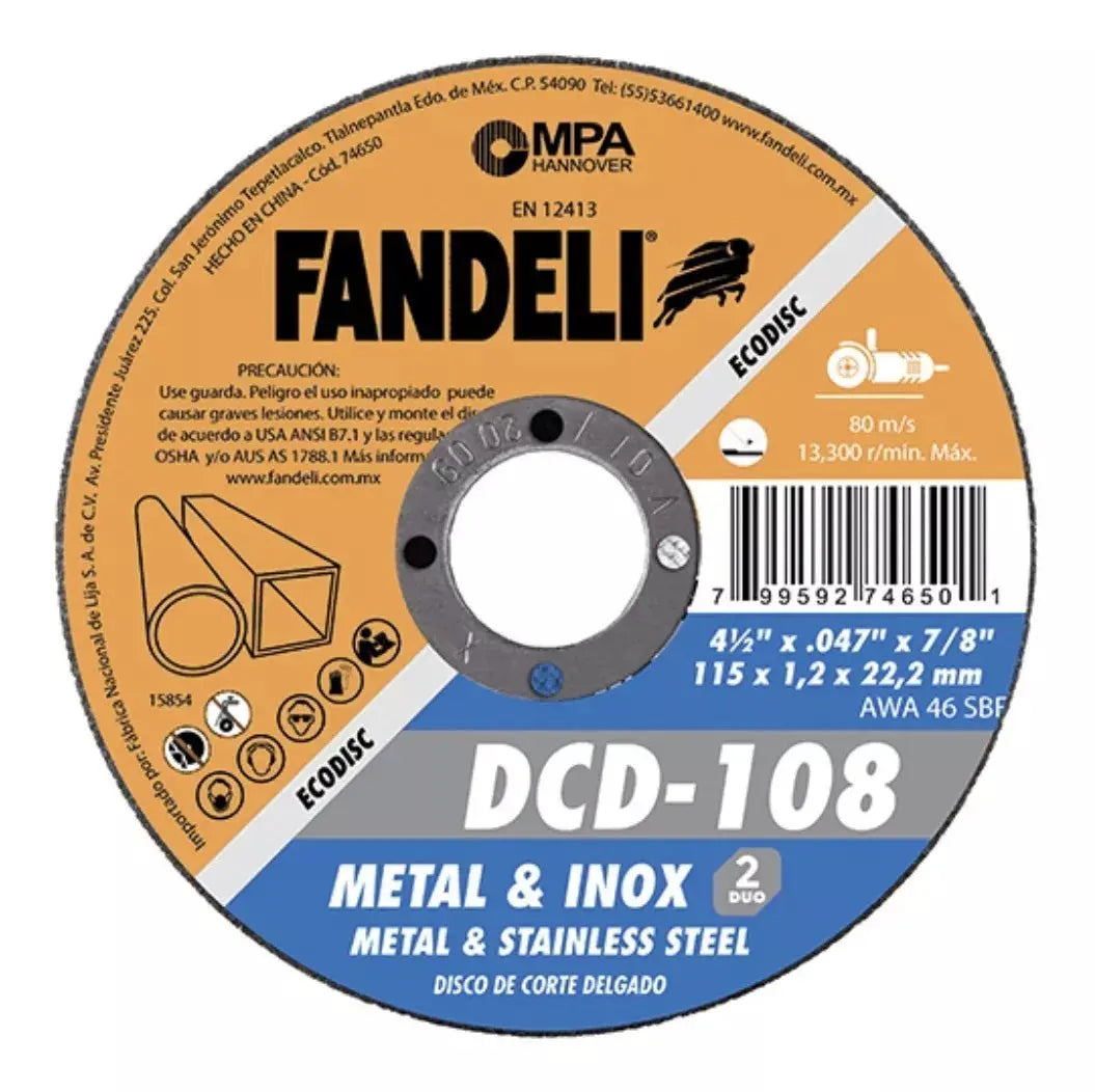 200 pzs Disco Corte Delg INOX ECO 4½" Fandeli 115mm x 1.2mm x 22.2mm - Fandeli