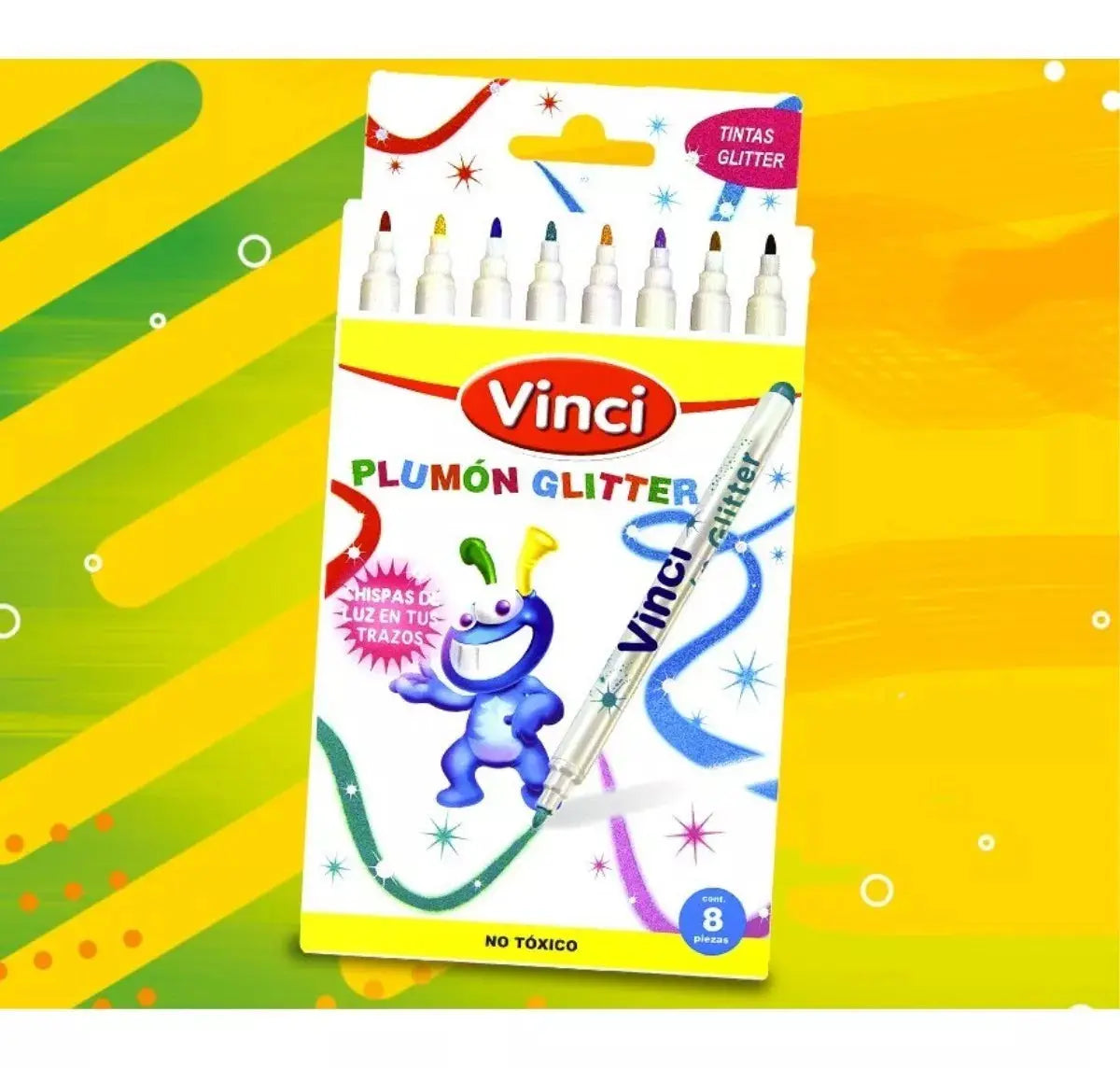 Marcador Plumón Vinci Glitter  No Tóxico Set 8 Piezas - Vinci - vista lateral