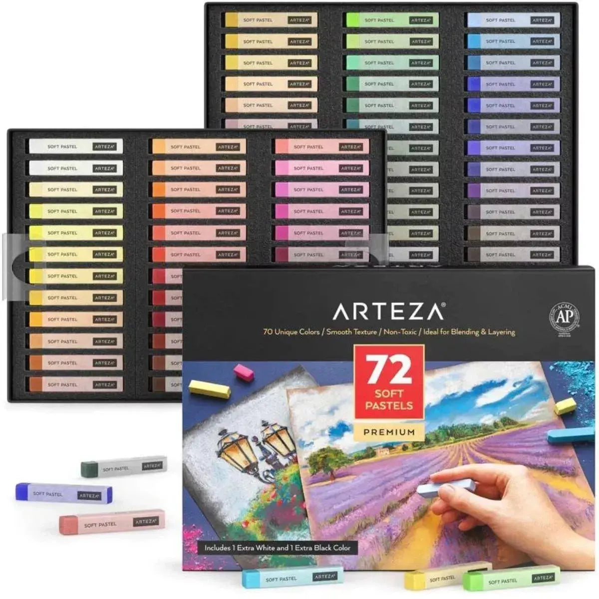 ARTEZA Soft Pastels for Artists, Set of 72 Chalk Pastels for Artists Sticks, Chalk Crayons Art Supplies for Drawing, Blending, Layering, and Shading - Arteza - vista lateral